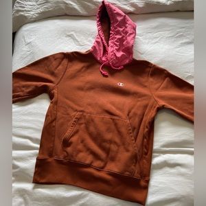 Reverse weave Champion brown and pink hoodie